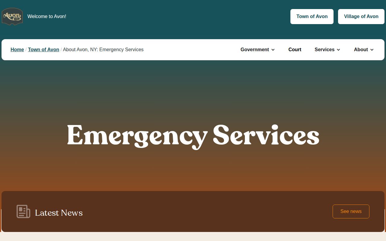 Screenshot of the Town of Avon Emergency Services page listing local law-enforcement contacts