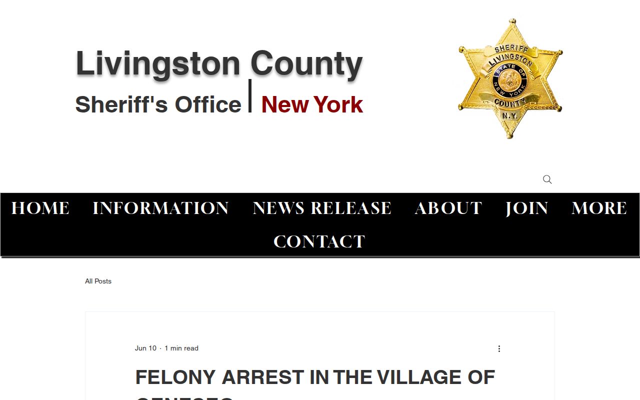 Screenshot of an official Livingston County Sheriff release concerning a Village of Geneseo arrest