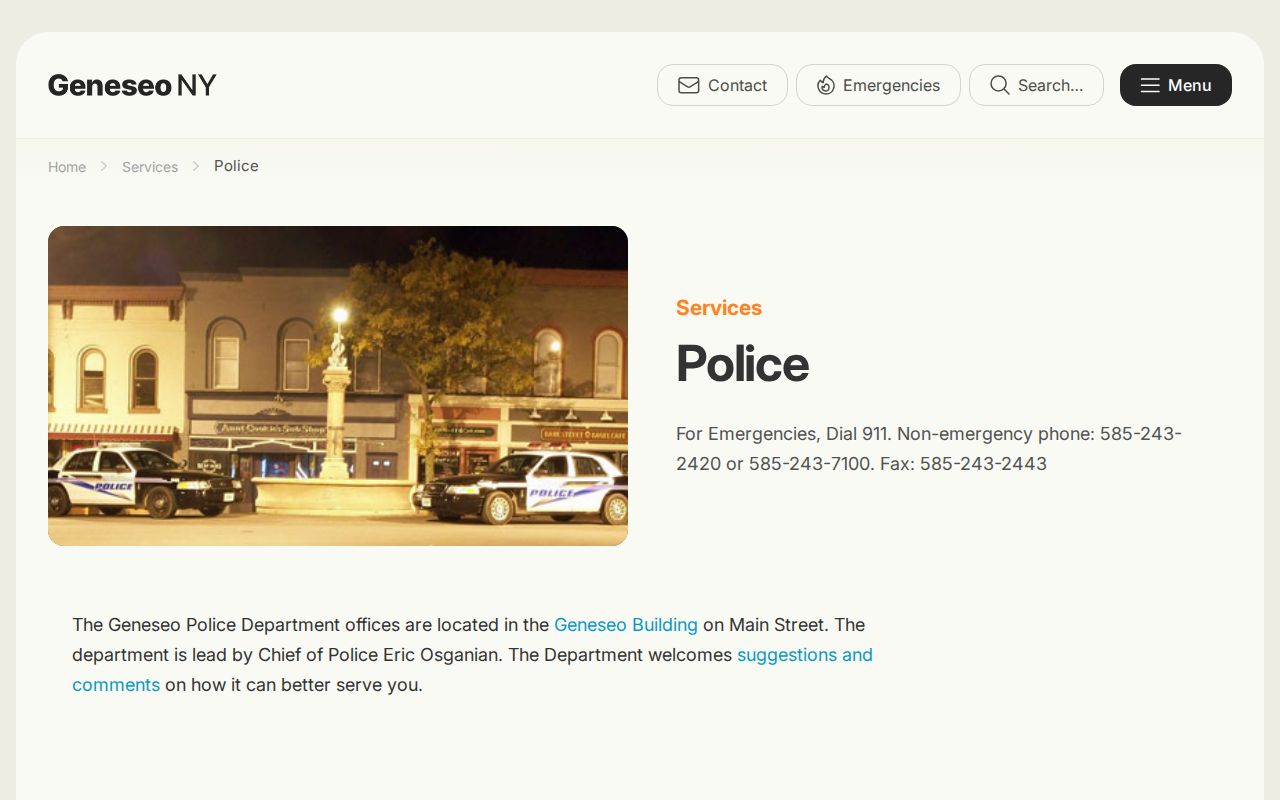 Screenshot of the official Village of Geneseo Police information page