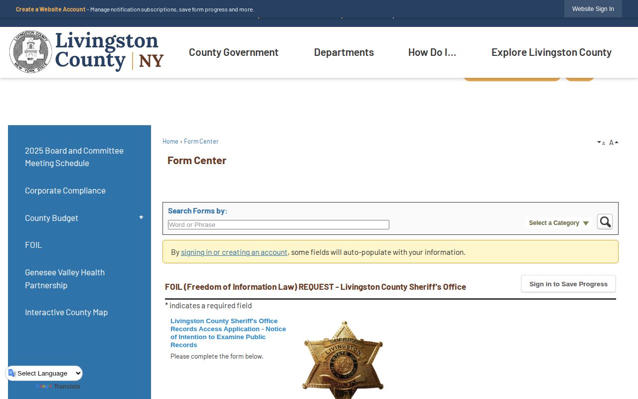Livingston County Sheriff FOIL form for booking-photo record requests